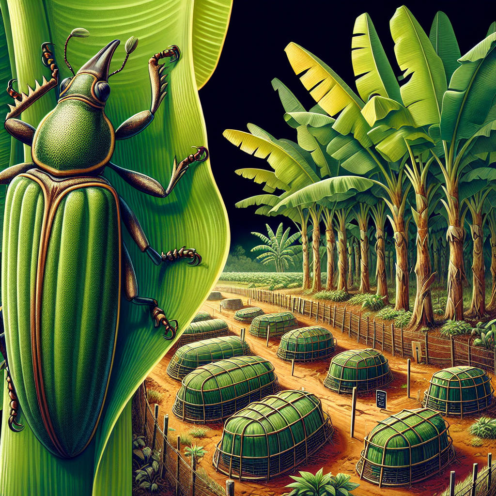 An image showcasing a lush, healthy banana plantation, with thick, green banana leaves towering over the ground. In the foreground, a few banana weevils are clearly visible, their long snouts and distinct shape depicted accurately. In contrast, the background shows the protective measures taken against these pests. Organic traps with pheromones are arranged neatly around the plantation, while a natural barrier fence encircles the farm, its details suggesting it's designed to ward off weevils. The color scheme emphasizes the vivid green of the plantation against the browns and earthy hues of the barriers and traps, reflecting the ongoing battle between cultivation and pests.