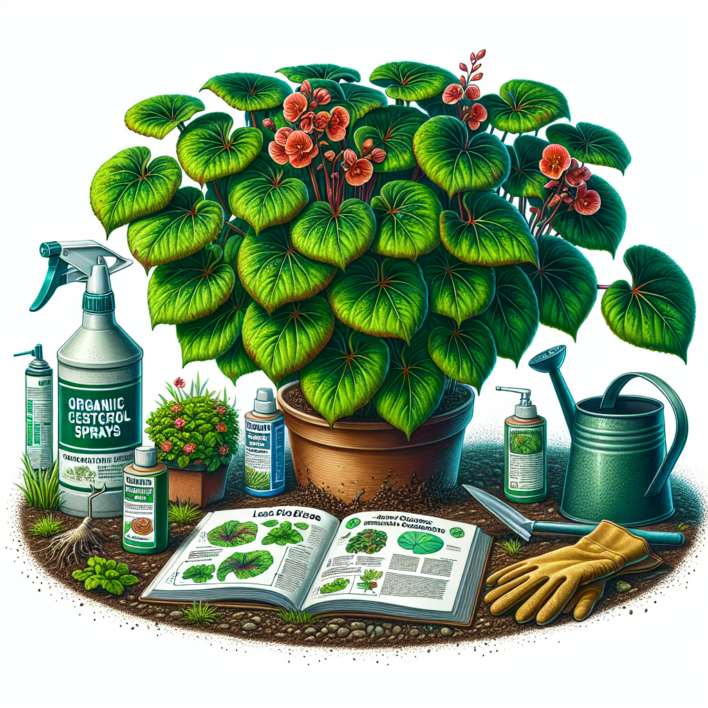 Visual interpretation of begonias steeped in healthy verdant hues, absent of leaf spot disease. The begonias are nestled in a well-tended garden laden with rich, fertile soil. Nearby, there are organic pest control sprays and watering can illustrating proper irrigation techniques. A pair of gardening gloves are resting on the edge of the garden, and a gardening handbook with an open page displaying leaf spot disease prevention tips lays next to it. No brand names, logos, text, or individuals are visible in this tranquil scene.