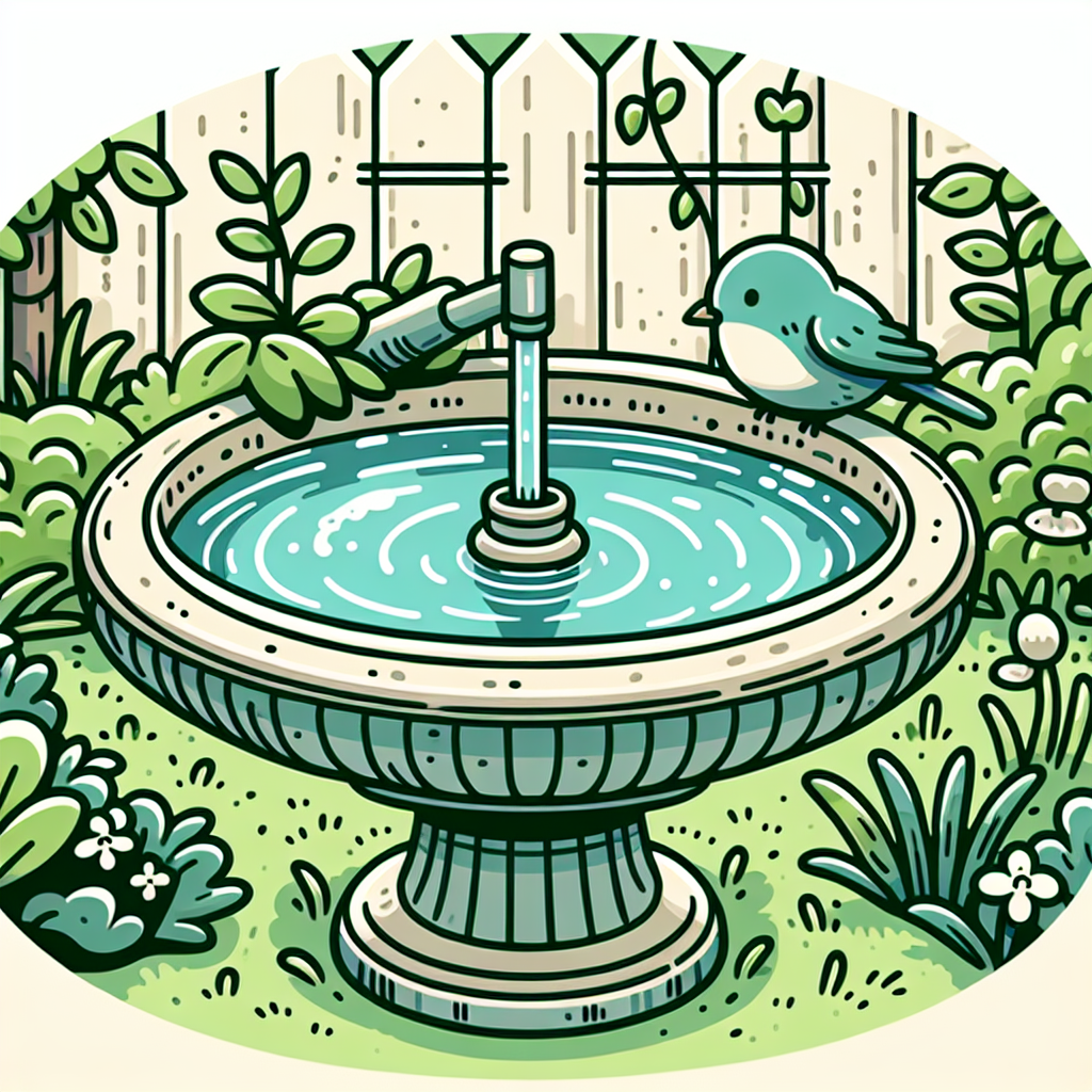 Illustration of a ceramic bird bath filled with clear water, surrounded by a garden setting. The bird bath is maintained properly to prevent the buildup of algae, signifying it's cleanliness and hygiene. There is a small bird perched on the edge of the bird bath, sipping the water. The absence of any people in the image illustrates an uninterrupted natural scene.