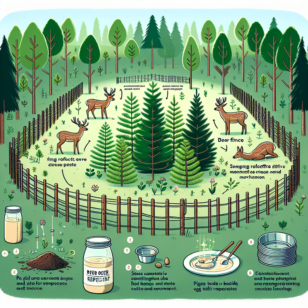 An educative illustration showcasing various methods for preventing deer from damaging young saplings. Centered in the scene should be a group of healthy young saplings growing in a lush forest clearing. There should be a range of deer deterrents, such as a tall deer fence encircling the saplings, some hanging reflective materials like pie tins off branches that create noise and movement, and a concoction of egg-based deer repellent nearby. Please omit any presence of human beings and ensure there are no brand names or logos visible. The colour scheme should be natural with vibrant greens, earthy browns, and the subtle hues of deer deterrents.