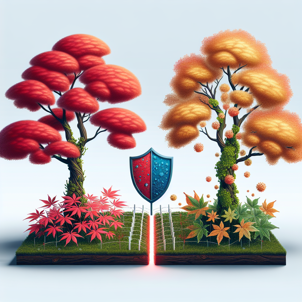 A conceptual illustration about fighting Verticillium Wilt in Japanese Maples. The scene shows a healthy, flourishing Japanese Maple tree on one side, with bright red leaves. On the other side, there's a Japanese Maple tree with signs of wilt; its leaves are yellow and have brown spots. In the middle, there's a visible line of defense symbolizing the combat against this disease, perhaps represented by a shield or a barrier. Remember to exclude any text, brand names, logos, or people from the image.