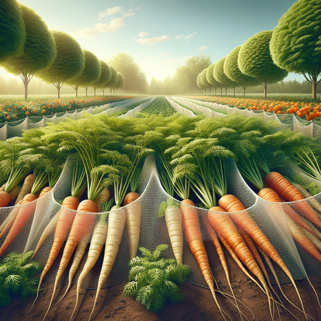 A detailed image of an organic garden thriving with healthy, bright orange carrots swaying under the soft breeze. Nestled alongside are parsnips with their feathery green tops. Between rows of these orange and cream-colored root vegetables are strategic barriers or screens made of lightweight, fine netting material designed to prevent the entry of parsnip flies. The barrier represents a humane and sustainable way of protecting the carrots from the flies. The verdant backdrop of the garden and clear, sunny sky above casts an enchanting ambiance. No people, no text, and no brand logos are present in the picture.