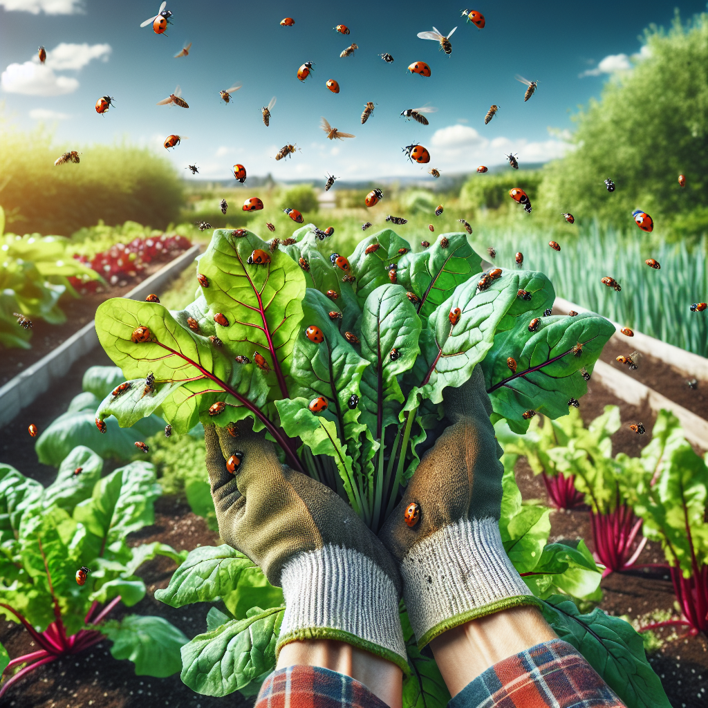 An image showcasing a pair of hands wearing gardening gloves, releasing a swarm of ladybugs on leafy beet plants, indicating a natural pest deterrent method for leaf miners. The garden setting is visible underneath a clear blue sky with lush greenery in the background. Various crops are growing nearby but the focus is on the vividly colored beet plants. The image demonstrates effective gardening techniques without the use of harmful chemicals or other branded products.