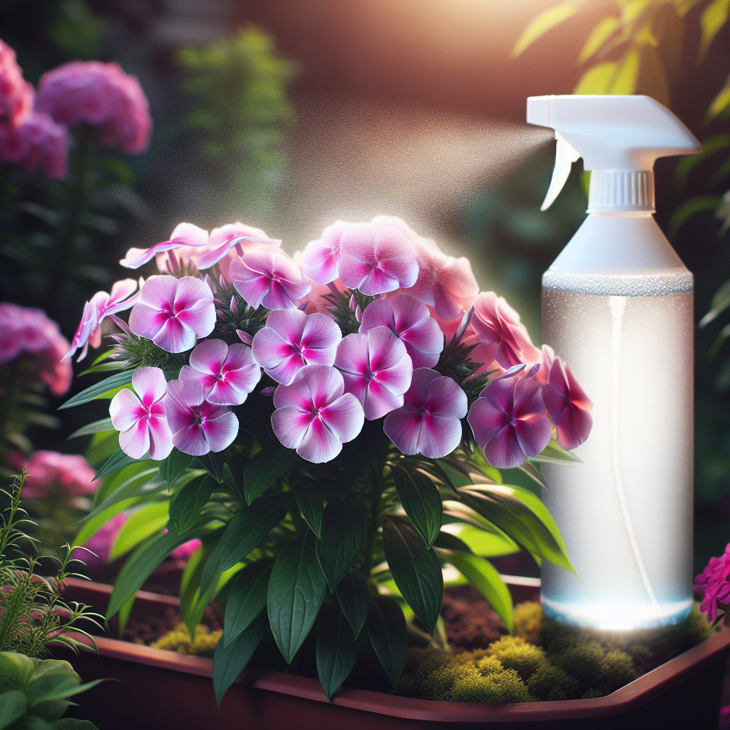 A close-up image of healthy Phlox flowers with bright green leaves against a contrasting garden background. In the corner of the image there is a bottle of generic, unbranded, anti-fungal spray. The spray bottle is misting a fine, invisible protection onto the Phlox flowers. The air around the flowers and the spray particles create a 'shield' implying the prevention of powdery mildew.