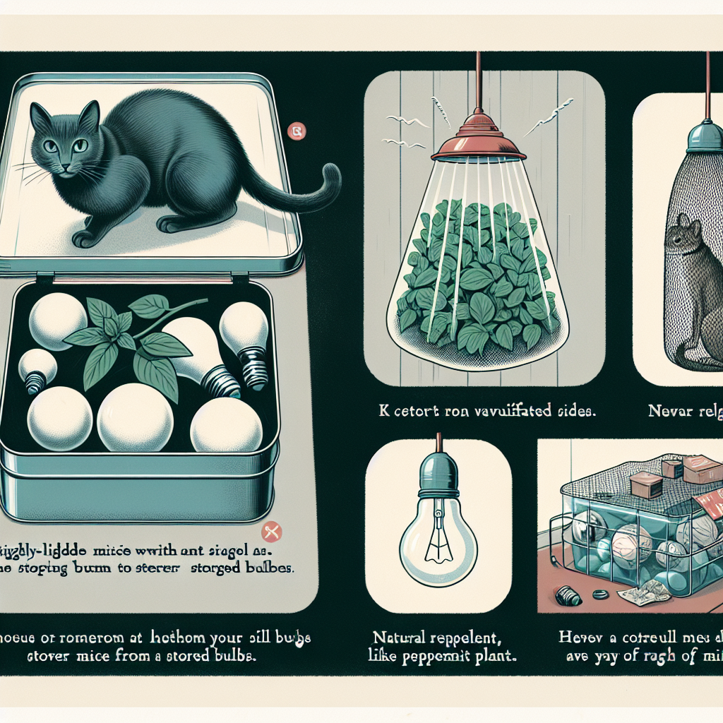 An illustrated guide showcasing several methods to deter mice from stored bulbs without using any text. The first image shows a tightly-lidded metal tin with ventilated sides storing various bulbs. The second depicts a cat prowling outside the storage area, and the third shows a natural repellent, like peppermint plants, nearby. The final image is of a mesh bag full of bulbs hung from the ceiling, away from the reach of mice. All of these items are generic and do not carry any visible brand names or logos.