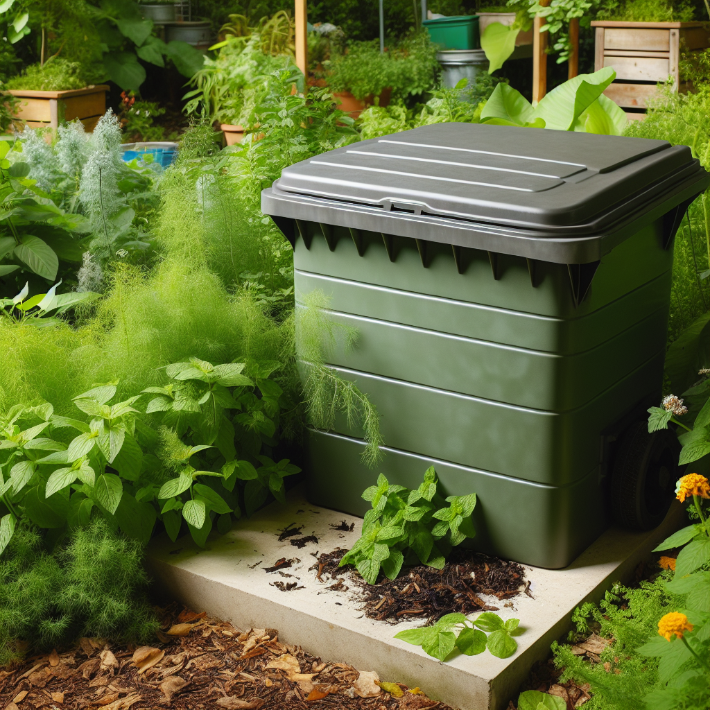 An outdoor scene showcasing a well maintained compost bin amidst a lush green garden. The bin is meticulously covered with a tight lid and surrounded by various pest deterrent plants like mint and marigolds. The compost bin itself is made of recycled materials with no signs of brand logos. It stands on a concrete pad to keep it off the ground. No rats or rodents are in sight, suggesting the effective rat deterrent measures in place. Nearby, there are signs of chewed leaf litter, indicating the prior presence of rats.