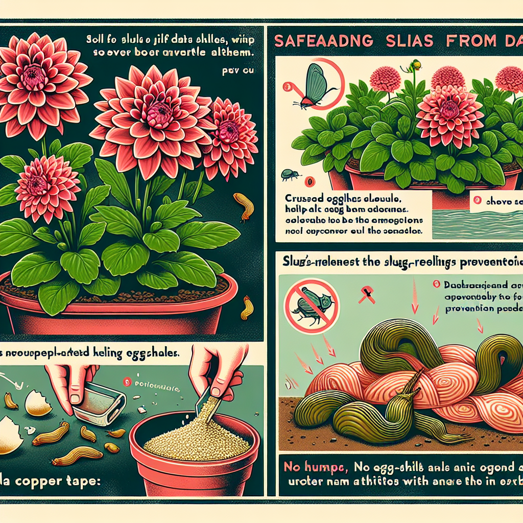 A detailed visual guide on safeguarding Dahlias from slugs. The emphasis is on the slugs' natural habitat, their impact on the Dahlias, and prevention techniques. The first scene shows lush green Dahlias with slugs nearby to illustrate potential threats. The subsequent segment presents slug-repelling solutions like crushed eggshells and copper tape around the plants without any brand names or logos. The final part visualizes the results of these efforts with Dahlias flourishing in a slug-free environment. Please note: no humans, text, or brand elements should be included in the image.