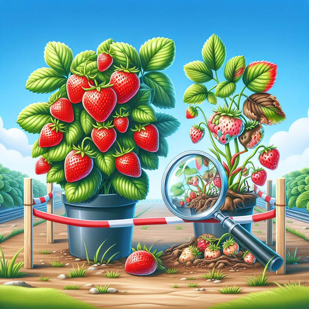 An illustration showcasing a healthy strawberry plant, with vivid red berries and lush green leaves in a well-maintained garden. Nearby, there is a sickly strawberry plant showing signs of crown rot with discolored leaves and wilted fruits. There's a barrier between them set up as a guard an indication of protection measures. There's a magnifying glass floating over the sickly plant, symbolizing the constant vigilance needed to guard against disease. The background is a serene blue sky. No people, no brands, and no logos are present in the image.