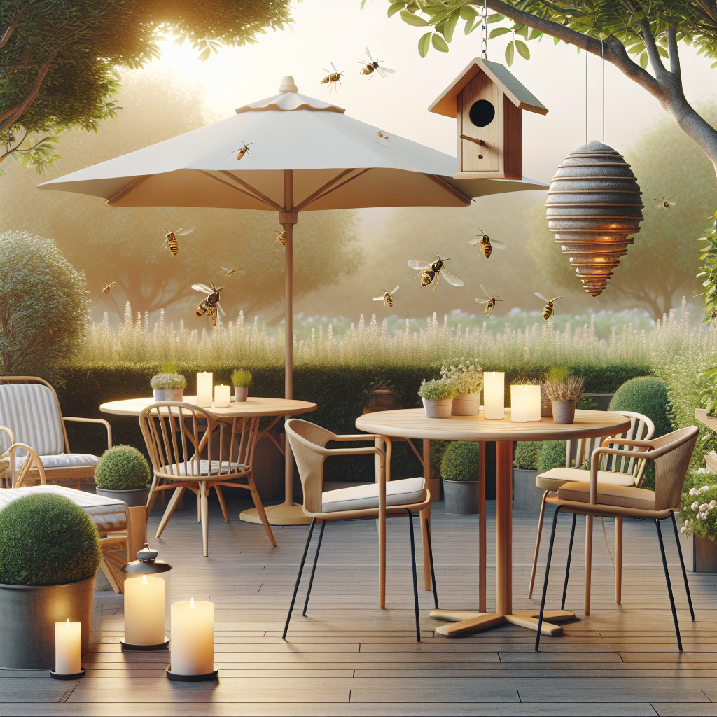 An outdoor setting during daytime with tables, chairs and an umbrella, designed for relaxation. A safe distance away, a birdhouse-style wasp trap hangs from a tree. Near the tables, aromatic herbs like mint are planted. On one table, a decoy wasp nest, designed to deter wasps, is subtly placed. Spread around the area, citronella candles are strategically placed, their flame flickering softly in the breeze. These measures combine to create a serene atmosphere, subtly designed to keep wasps at bay. Note that there are no human figures, brand names, logos, or any text included in this scene.