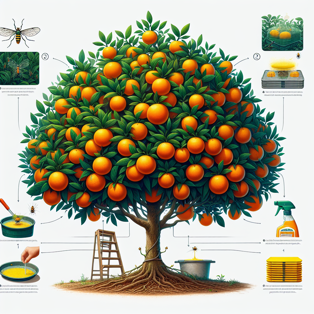 An orange tree heavily laden with vibrant, ripe oranges is the central focus of the image. The health of the tree is evident with a thick, dark-green canopy. A closer examination shows the presence of a tiny citrus thrip, a minuscule insect harmful to the tree, on one of the leaves. Next to the tree, visually represented steps for mitigating the thrip infestation are illustrated, starting from organic methods such as the use of insecticidal soap sprays to using yellow sticky traps. These steps guide viewers without actually showing human involvement.
