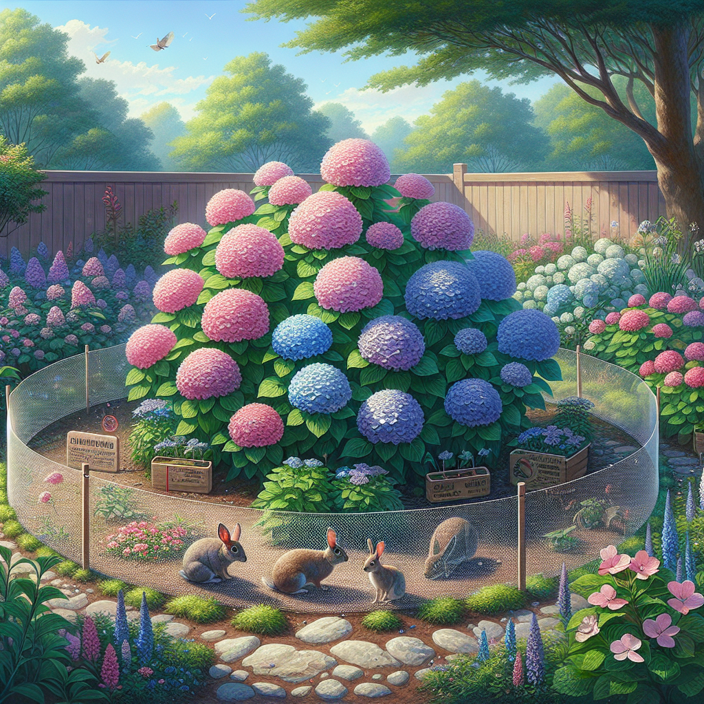 A tranquil garden scene in the daylight, exhibiting large, luscious hydrangea plants showcasing vibrant clusters of flowers in shades of pink, blue, and white. Several preventative measures against invading wildlife are visible: a circular ring of natural repellents such as garlic and red pepper flakes is sprinkled around the base of the hydrangeas; a delicate net encircles the flowers, providing an additional layer of protection; on the outskirts, a durable wooden fence stands strong. Deer and rabbits are seen at a distance, showing a disinterest in approaching the safeguarded garden. There are no people, text, brand names, or logos present in the scene.