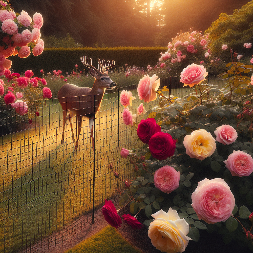 An enchanting scene in a serene garden with blooming roses in shades of red, pink, and yellow, displaying their majestic petals. A deer is nearby, kept at distance by a discreet, non-branded mesh barrier. It stands gently on the grass, gazing longingly at the roses but unable to reach them. The sun is setting, casting a warm glow on the entire scene.