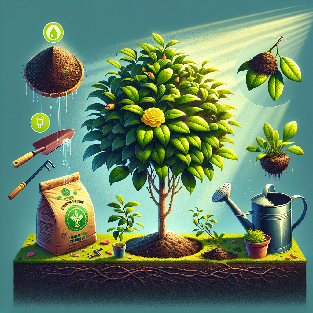 An image displaying a healthy Camellia plant ensconced in vibrant green foliage to signify good care and prevention of yellow leaves. On one side, there's a watering can, symbolizing regular, but not waterlogged, watering habits. On the other side, a bag of healthy, organic compost, as nourishment is essential. A pair of gardening gloves lay nestled near some fresh mulch, suggesting adequate soil modification to avoid compacted soil. Sunlight filters through a nearby window, alluding to an appropriate amount of indirect light. These elements communicate the essence of preventing yellow leaves on Camellias without incorporating brand names, logos, or human figures.