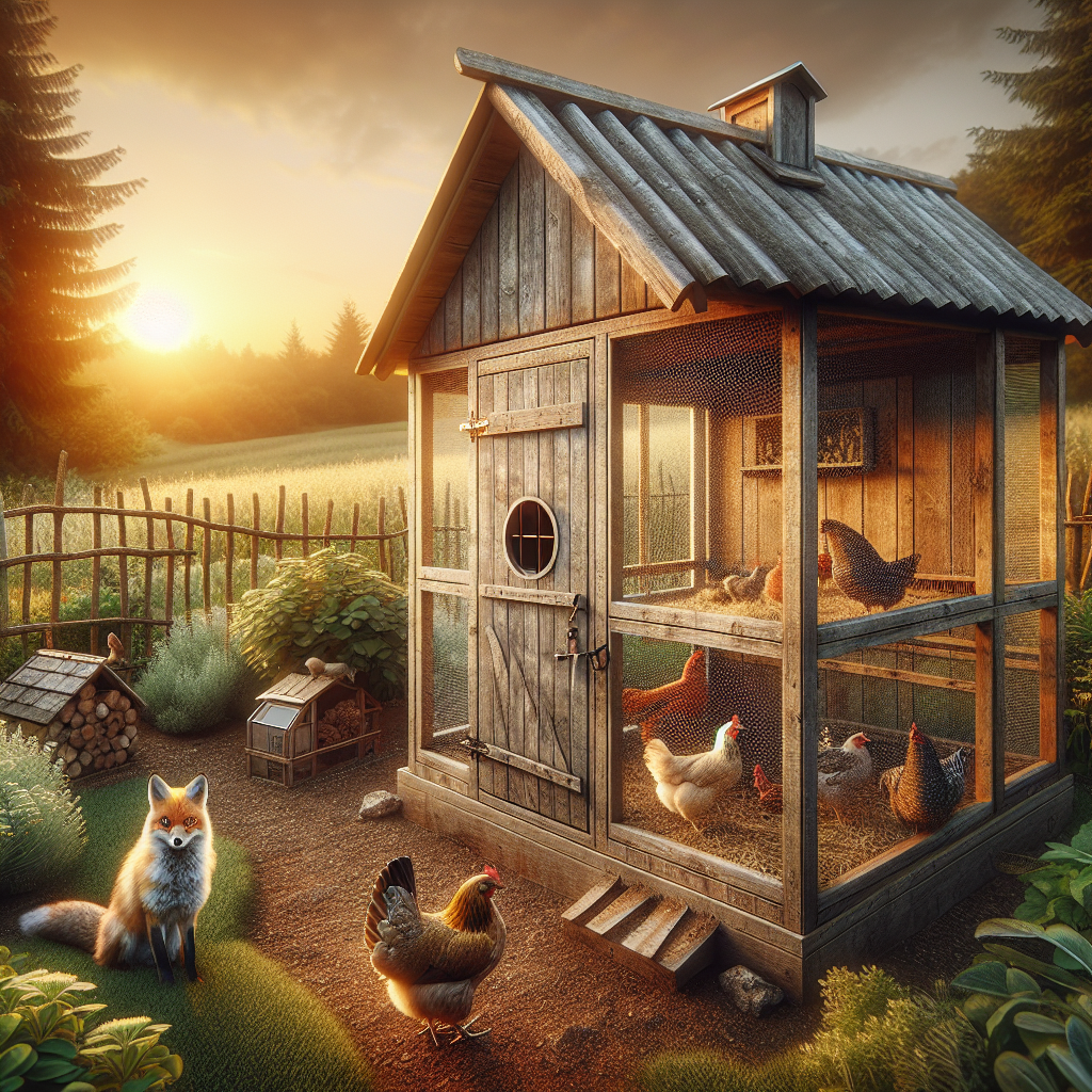 Display an inviting countryside backyard in the warm golden glow of the evening sunset, with a well-built chicken coop made of weathered wood and strong wire mesh in the center. The coop has an intelligent design with tight-fitting doors and no easy access points. Nearby, a faux predator, perhaps an owl or a hawk, stands guard on a post. Several healthy chickens of different breeds are safely pecking around inside the coop. Concealed in the landscape are some natural deterrents like aromatic herbs and plants. In the distance, a curious fox is seen recoiling, peeking from behind a copse of trees, clearly deterred by the defensive measures in place.