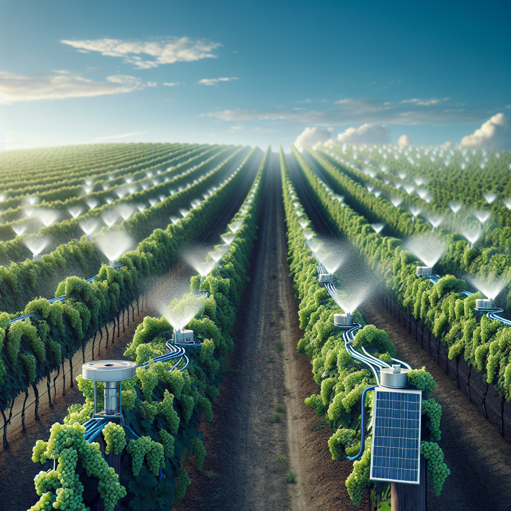 An expansive vineyard under a clear blue sky, with row upon row of lush, green vines heavy with clusters of robust grapes. A network of automated irrigation and fungal preventative mist-making systems at work, spraying a fine mist to prevent the onset of powdery mildew. The system is solar-powered, represented by a small, unobtrusive solar panel located at the corner of the vineyard. No logos, brand names, or people are present.