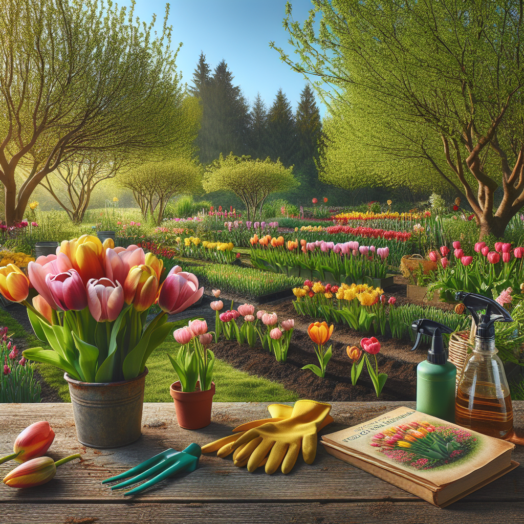 A serene spring garden, featuring a myriad of healthy tulips in vibrant shades of pink, yellow, red, and orange. The garden is in full bloom, demonstrating the effects of effective tulip virus prevention. There are protective gardening gloves, a bottle of organic pest control spray, and a guidebook on plant diseases and prevention laid on a rustic wooden table nearby. Surrounding the garden are tall, lush trees, their new green leaves swaying in the gentle spring breeze. The clear blue sky in the background crowns the picture of this virus-free tulip garden, which is devoid of any human presence, text, brand names, or logos.
