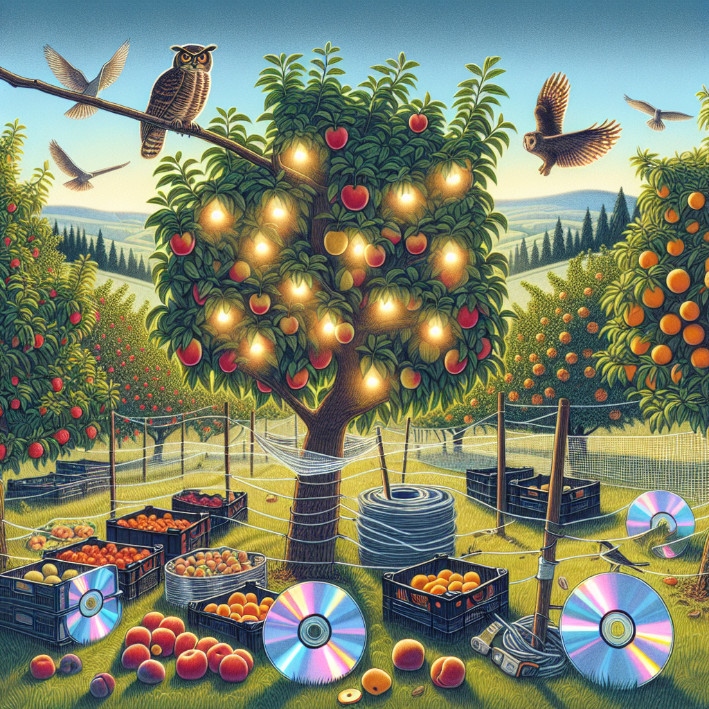 An illustrative scene of a rural orchard with various mature fruit trees such as apples, peaches, and apricots. A variety of bird-deterrent techniques are visible including reflector tapes fluttering in the wind, fake predators like an owl perched on a tree, netting encircling some trees and seemingly random arrangement of cds shining under sunlight. Plentiful fruits are hanging from the tree branches, evidently undisturbed. No text, brand names, logos or people are present in the scene. The overall scene signifies a peaceful and effective way of preventing birds from pecking at fruits.