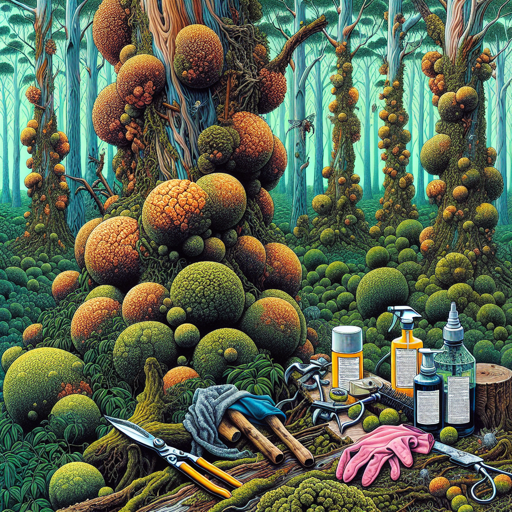 A starkly detailed, vivid illustration of a lush, verdant eucalyptus forest, consumed by a rampant gall infestation. All around, the typically vibrant eucalyptus trees are marred by swelling galls of various shapes and sizes. In retaliation against the parasites, certain trees exude a thick, resinous substance from their trunks, embodying nature's fierce resilience. A range of tools typically used to remediate such infestations: pruners, a botanical spray, and gloves lay discarded on the forest floor, symbolizing the ongoing fight against this rampant infestation. Note that there are no humans, brand logos, text, or labels depicted in the scene.