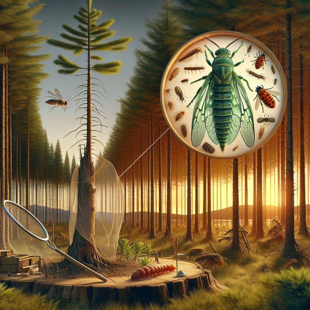 A detailed visualization showcasing a vast pine forest under the warm glow of a sunset sky. An enlarged, cross-section view of a healthy green pine tree is seen on one side. On the other side, an up-close depiction of a pine sawfly, standing out against the tranquil forest backdrop. An array of natural tools are dispersed strategically, including a fine net wrapped around a tree and natural predatory insects like ladybirds and parasitoid wasps, symbolizing biological methods of pest control. The entire scene, however, is devoid of any presence of human beings, trademark symbols, logos, textual captions, or brand names.