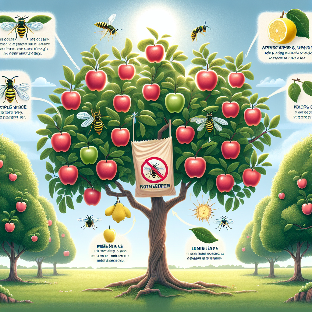 An informative illustration depicting various natural strategies to deter wasps from approaching fruit trees. Display a bright orchard scenario, with apple trees laden with glossy, ripe fruit. Dedicate a section of the image to show a few wasps veering away from the orchard, deterred by a variety of measures. This includes a visual representation of a paper bag that mimics a hornet's nest hanging on one of the branches, and lemon and clove halves strategically placed around trees. The sky is clear, the sun is shining, encouraging a sense of harmony. Remember, no human figures, text, brand names or logos in the scene.