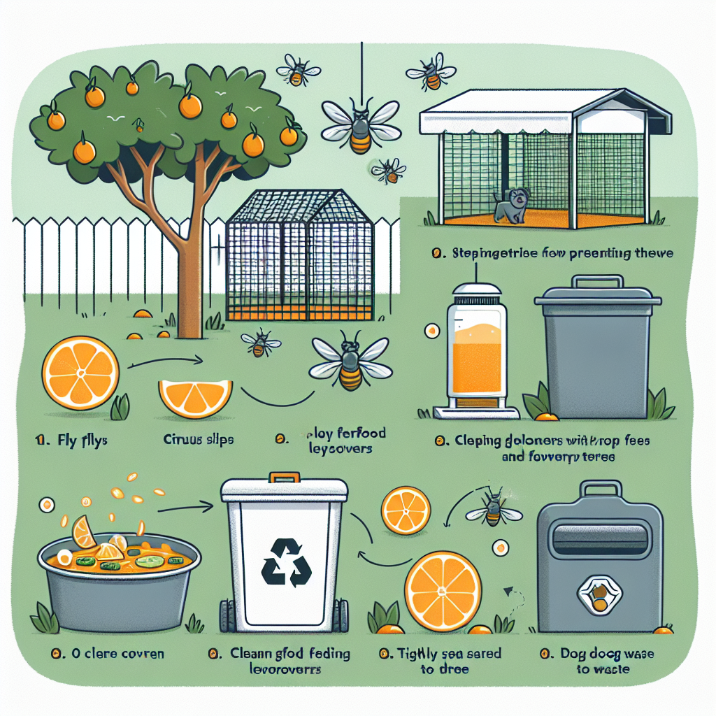 A visual representation of a dog run, showing several preventative measures being implemented to stop flies from infesting it. This includes citrus slices scattered around, fly traps hanging from a nearby tree, a clean feeding area without food leftovers and a neat bin with a tightly sealed lid for dog waste. Additionally, capture a covering over the run to provide shade and further deter the insects.