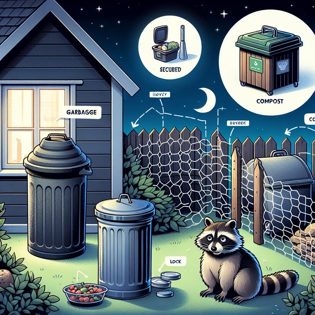 Depict a nocturnal scene that illustrates various strategies to deter raccoons from garbage and compost areas. Show a secured garbage can with a heavy lid and a compost bin with a lock. Also include a small garden fence around the trash area made of chicken wire. There should be a raccoon in the scene, looking disappointed or confused, unable to access the secure sites. Ensure the scene has a moonlit ambiance, with no human presence, brand names or logos.