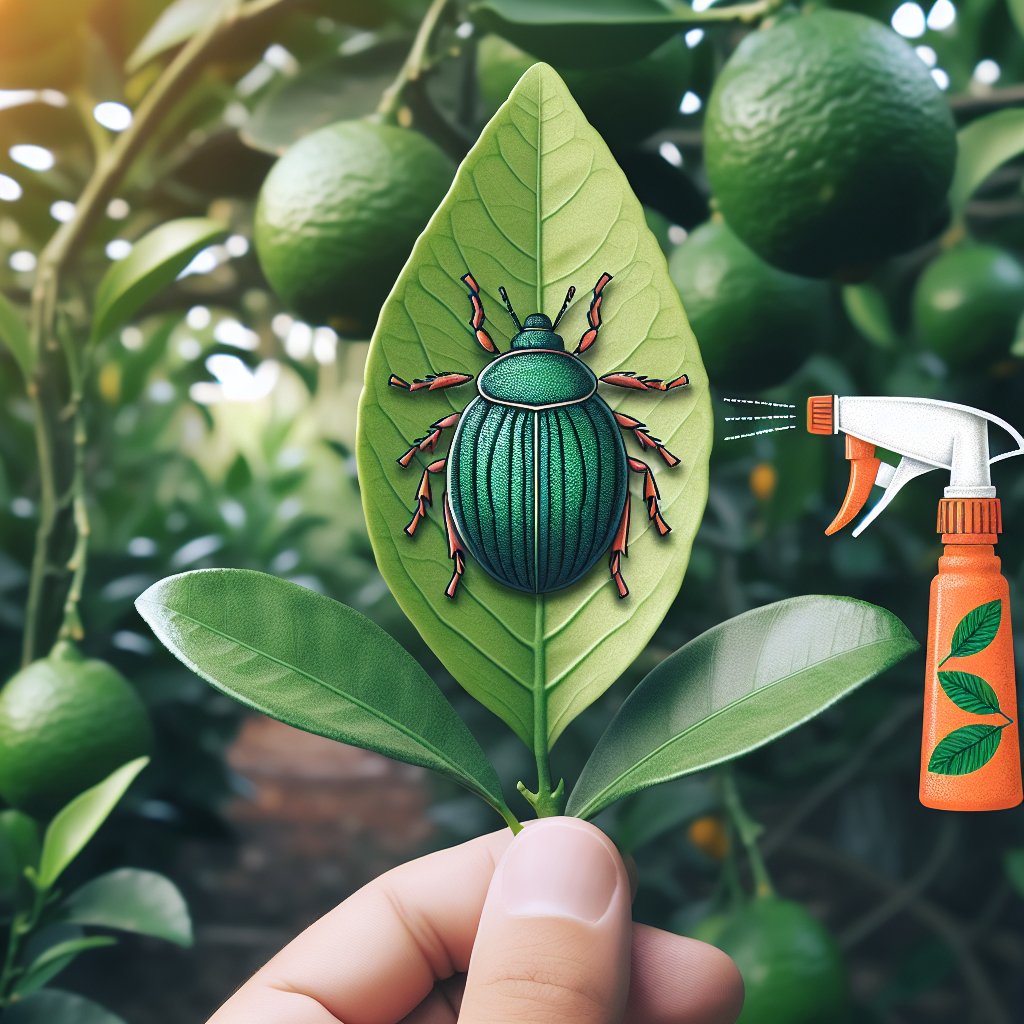A close-up scene showcasing citrus leaves, healthy and vibrant in color. The leaf veins are prominent and the texture of the surface is clear. Beside them, there's an illustration of a leaf miner bug but in a contrasting color to show them as harmful. In another corner of the image, there's an organic, natural pesticide spray bottle pointed towards the bug, denoting the act of prevention. The background is an out-of-focus citrus grove, adding depth to the scene.