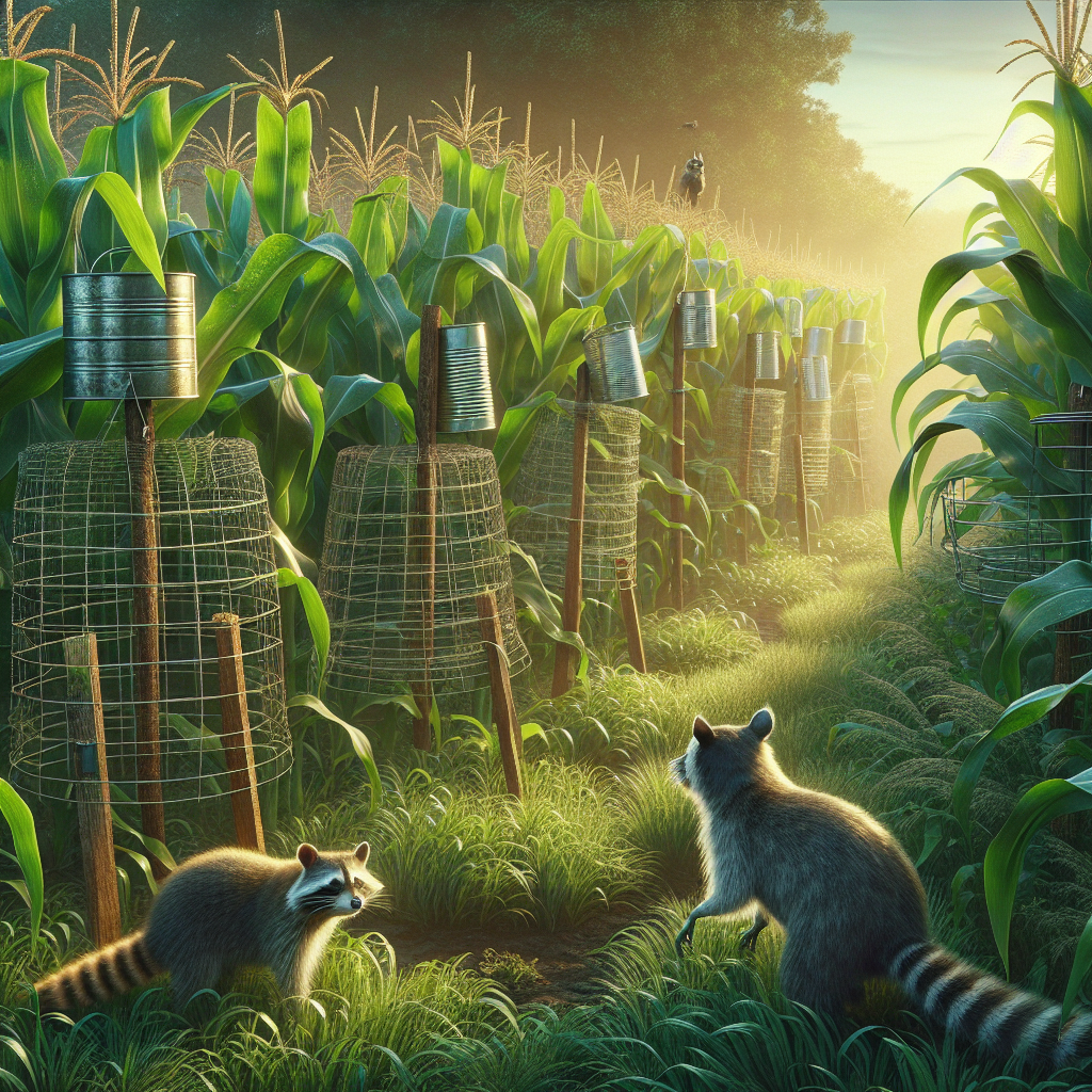 An image for an agricultural article. A lush field of sweet corn bathed in morning light, leaves shining with dew. Nearby, we see cleverly rigged non-lethal traps and deterrents designed to protect the crops. Elevated wire meshes encircle promising stalks of corn, while loosely hung tin cans rustle in the wind acting as a sound scare. Scarecrows stand imposingly amongst the crops, appearing as silent guardians. A couple of curious raccoons are seen at the edge of the field, hesitating in their tracks as they gauge their approach.