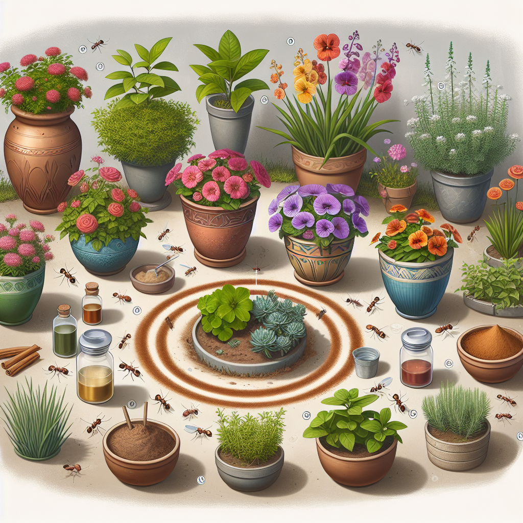 An image detailing an outdoor setting with various diverse plants and flowers flourishing gracefully in different ceramic and terra-cotta planters on a sunny day. Surrounding the planters, are a few visible ant deterrence strategies in action, such as a concentric ring of cinnamon around planters, lines of chalk and vinegar-filled moats to create barriers keeping ants at bay. Make sure to not include any visible text, brand logos, or people within the image.