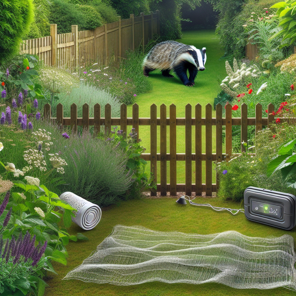 In this picture, a lush garden with a variety of plants, flowers and a wooden fence is depicted. In the distance, a small badger can be seen, curiously peeking from the outside of the fence. The foreground displays several subtle deterrence methods - a net spread on the ground, an ultrasonic device camouflaged among the foliage, and natural herb plants known to repel badgers. There are no texts, logos or humans in this image.