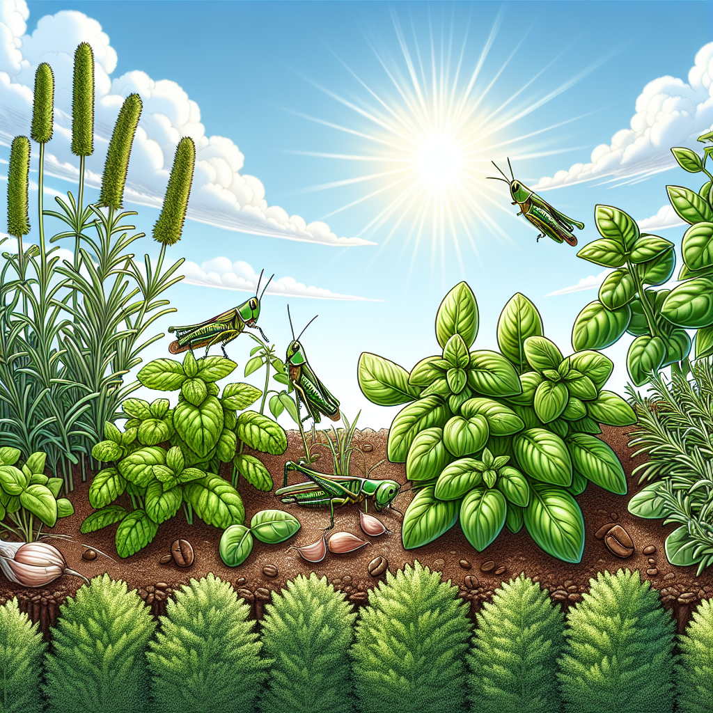 An illustrative image showing a variety of lush herb plants like mint, basil, and rosemary in an outdoor garden. Green grasshoppers are clearly trying to get to the herbs but are being deterred by natural deterrents, like garlic plants interspersed among the herbs and a barrier of coffee grounds encircling the herb bed. The sky is clear with radiant sunshine, signifying a warm, pleasant day. There are no people, text, brand names, or logos in the frame.