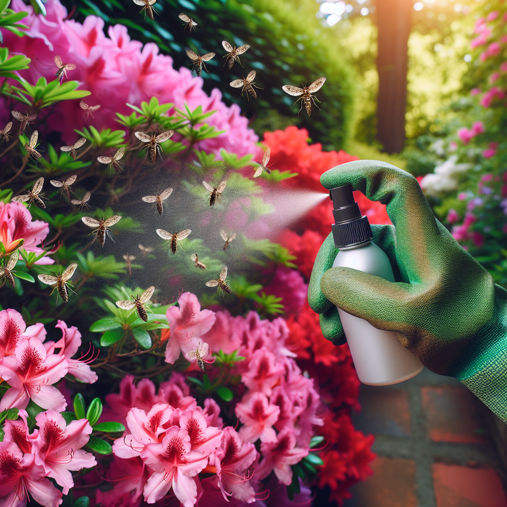 An exterior view of a beautiful garden with lush Azalea bushes showing their vibrant colors. The nearby air is filled with tiny, intricately patterned Lace Bugs. A hand with gardening gloves is shown in the act of spraying organic, homemade insect repellent on them. No text or brand logos are featured in the image. No people are present, only their gloved hand is shown.