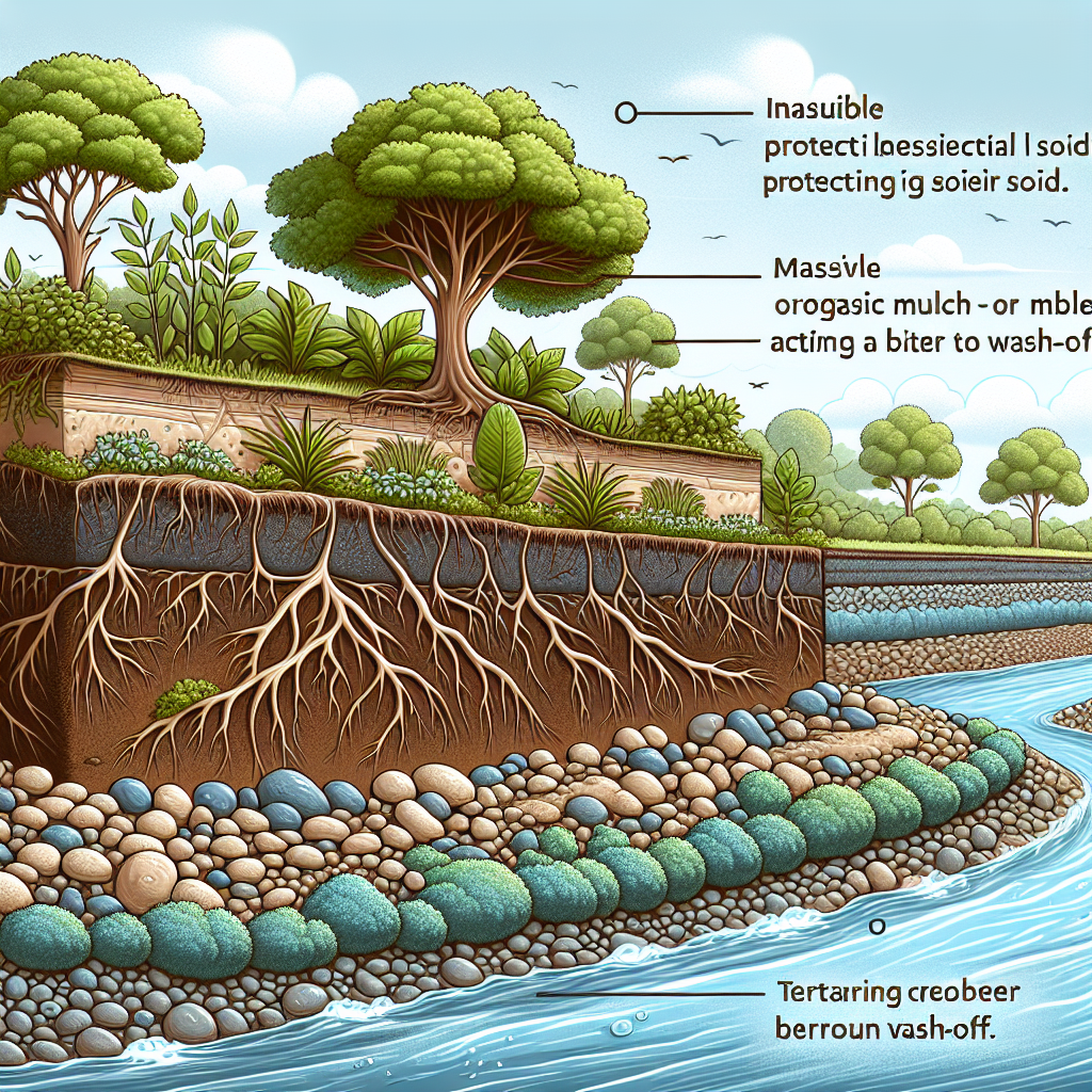 An informative image showcasing practical ways to prevent soil erosion around riverbanks. Illustrate the river with flourishing plants on its bank, exhibiting robust and healthy growth. Show the visible features protecting the soil. For instance, massive roots firmly holding the soil, layers of organic mulch or pebbles acting as a barrier to wash-off, and terracing can be depicted. Keep the focus on the riverbank while illustrating the textures of the land and water in detail, without including any humans, text, brand names, or logos.