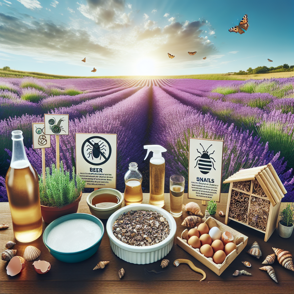 A flourishing vibrant lavender field under a bright sunny sky. amongst the lavender are spread various organic remedies: a dish of beer as a slug trap, a line of crushed eggshells to deter snails, and a spray bottle filled with a clear liquid, suggesting a homemade pesticide, like a soap and water mixture. Nearby is a DIY insect hotel made from natural materials such as bamboo and moss, encouraging beneficial insects. Interspersed are signs that summarise pest control tips. NO text. NO people. NO brand names. NO logos.