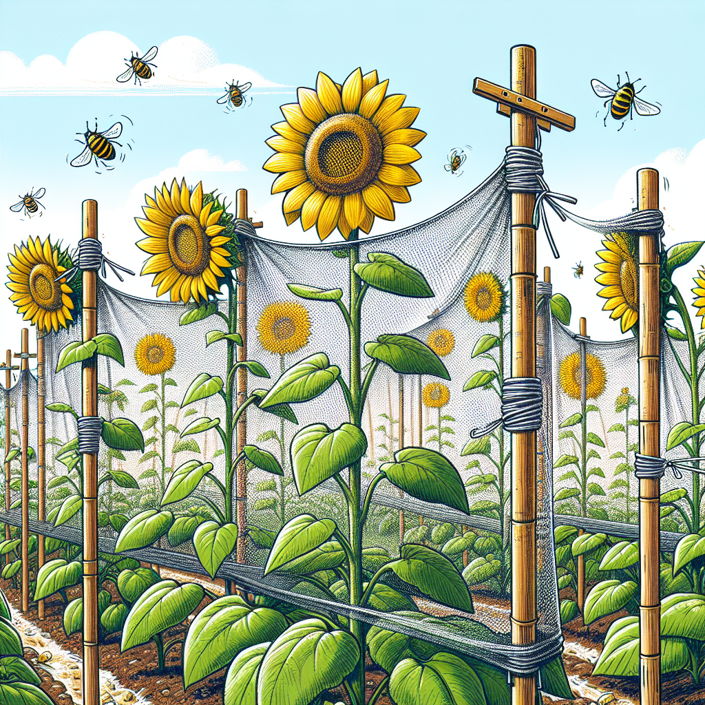 Visual description of a field of bright sunflowers under a clear sky, each flower encased by a protective mesh mounted and tied on a bamboo stele. Sunflower beetles are sketched hovering an inch away from the protective barriers, unable to infest the plants. There are no brand names, logos, or people in the imagery. The scene suggests an effective method for protecting sunflowers from sunflower beetles.