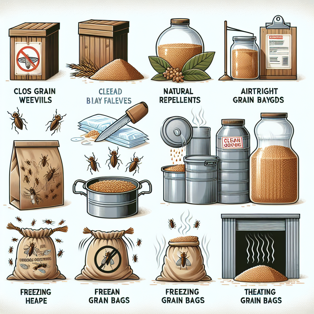 An image showcasing different methods of keeping weevils away from stored grains without the involvement of any human figures. The scene includes closed grain storage containers, natural repellents like bay leaves, clean storage area, airtight grain bags, freezing and heating methods for grain preservation. No brand names, logos, or textual elements are visible.