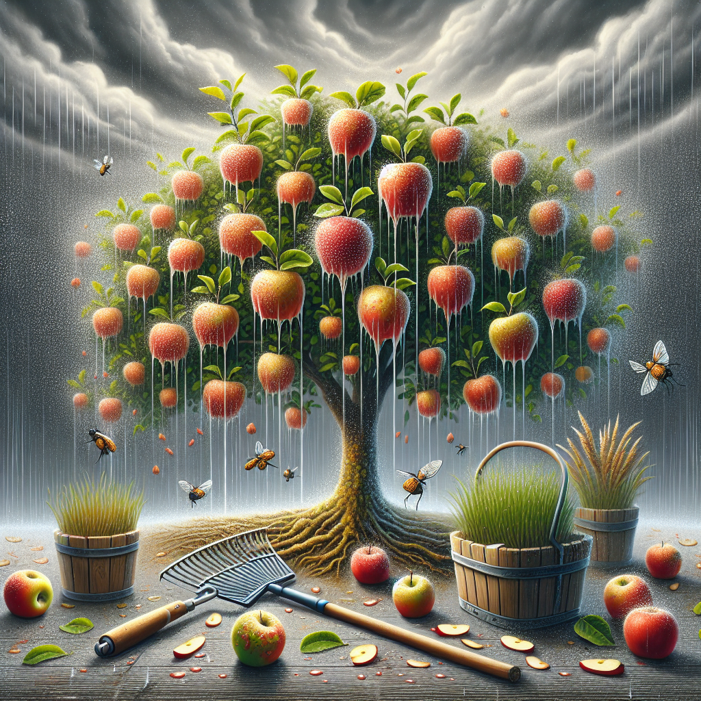 A visual representation of apple scab prevention during wet seasons. Picture a collection of apple trees laden with crispy, juicy fruit amidst a rain shower. Drop-like patterns signify ongoing rainfall. On the ground, the effectiveness of organic pest control measures is suggested by the absence of diseases on the apples. Nearby, a garden tool, like a rake or a garden fork, sits, signifying the need for routine maintenance. The sky is cloudy, expressing an atmosphere of rainfall, but despite the harsh weather, the apples continue to flourish, demonstrating the success of preventive measures.