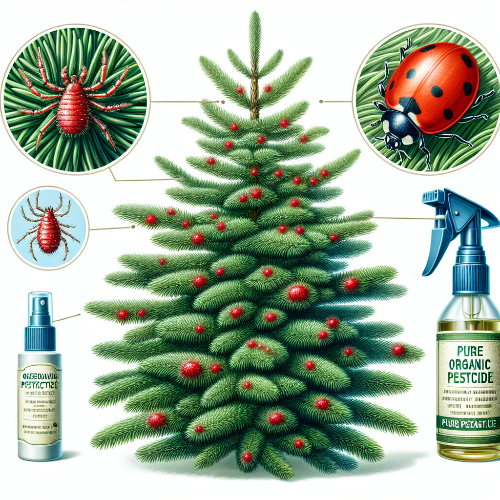A detailed depiction of a conifer tree lush with green needles. The tree is infested with small red specks representing spider mites. Nearby, visual elements suggest various techniques for combatting the infestation. These include a spray bottle filled with a generic organic pesticide, a predatory insect like a ladybug, and a pure neem oil container. Please remember that no text, brand names, people, or logos should be included in the image.