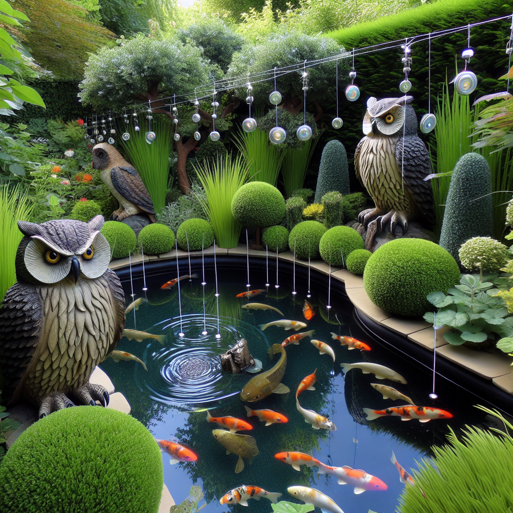 A serene and peaceful scene of an artificial fish pond filled with colorful koi fish, set in a lush and vibrant garden. At the edge of the pond, a realistic faux owl figurine is strategically placed to scare off herons. The owl's glaring eyes and detailed feathers are evident. Several tall ornamental grass plants and low hedges form a barrier around the pond, intended as a natural deterrent for herons. High up a nearby tree, a barely visible fishing line strung with reflective, spinning, metallic discs catch the sunlight, creating a flashing deterrent for herons. No humans, text, brand names, or logos are present.