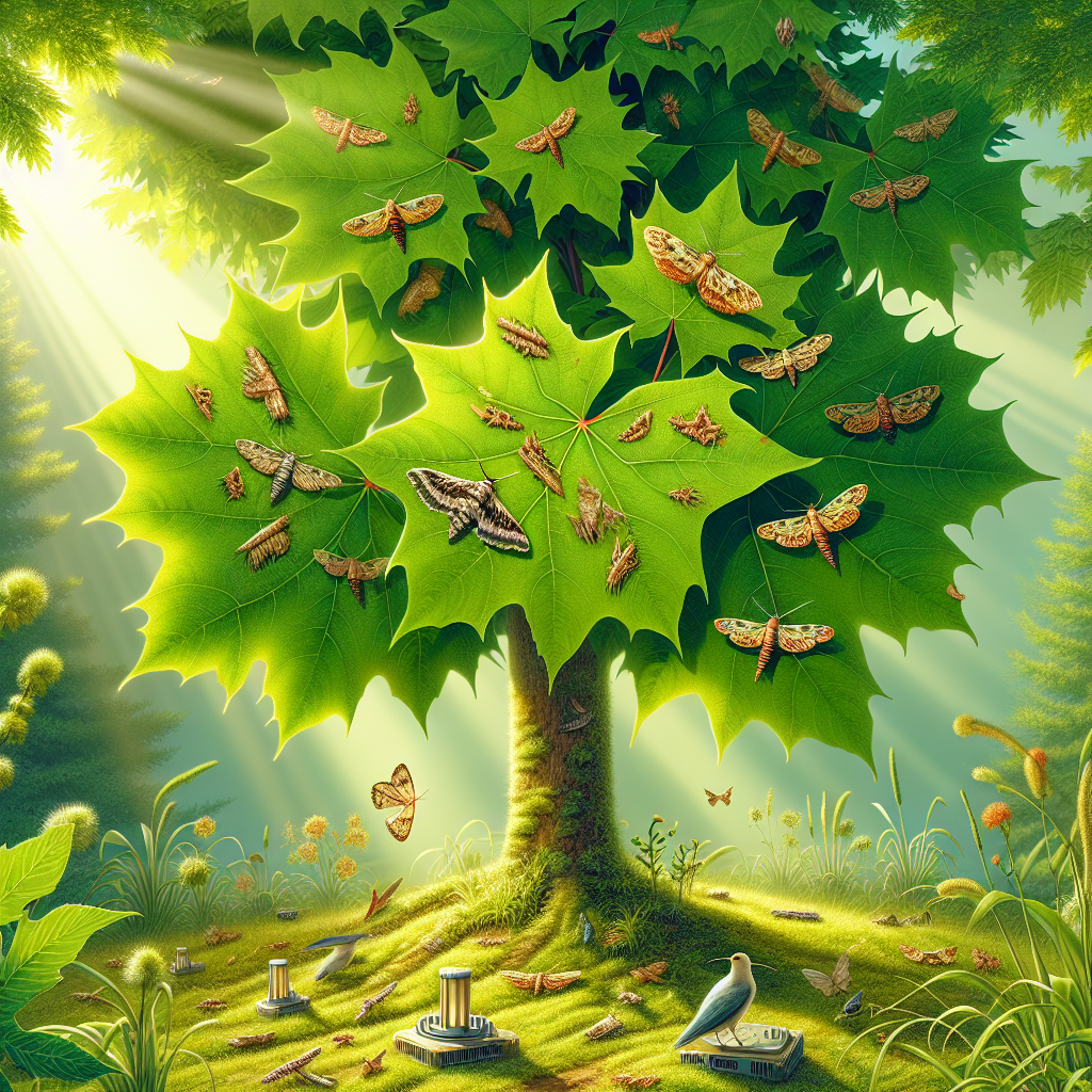 A vivid, detailed depiction of a lush, green maple tree bathed in sunlight. On the maple, some leaves appear to be damaged and folded over into a tier pattern, indicating the presence of leaf tier moths. The moths are small and brown with intricate patterns on their wings. Nearby, natural pest control methods such as birds or beneficial insects are subtly hinted at. On the ground, several nontoxic traps can be seen, effectively catching the pests without negative implications for the environment. No people, text, brand names, or logos are included in this clean, natural image.