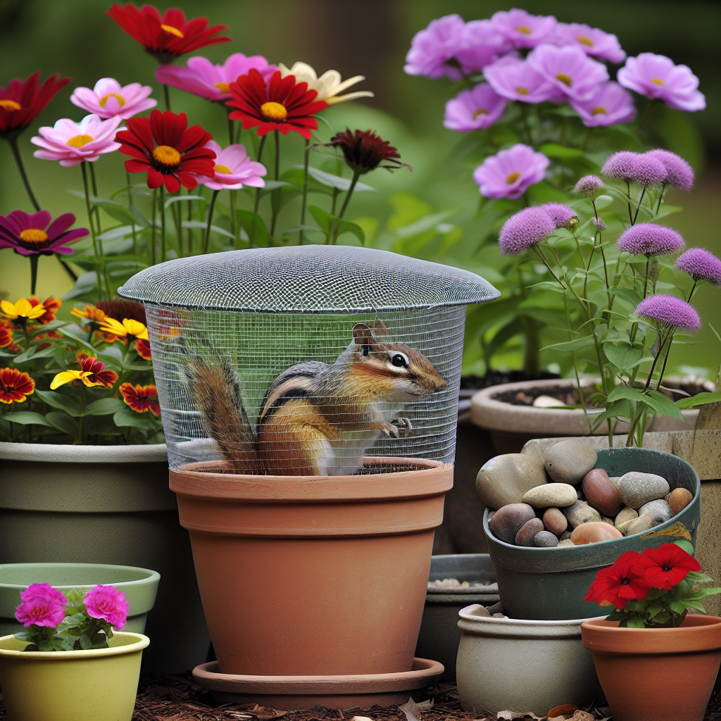 An outdoor scene showcasing a variety of different flower pots in a beautifully maintained garden. A creative solution is visible, involving a mesh lid covering the top of the flower pots preventing a mischievous chipmunk from getting inside. The chipmunk is seen curiously exploring around the pots, its nose up in the air, sniffing as it tries to find a way inside. Surrounding the pots are various colorful blossoms, indicating the effectiveness of this simple but efficient solution.
