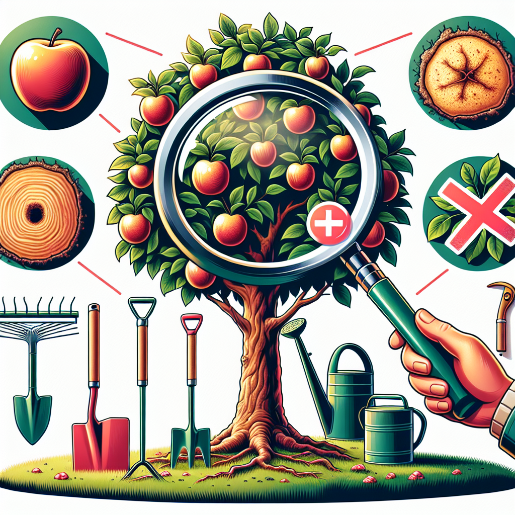 An illustration showing a healthy fruit tree on a sunny day with rich green leaves and ripe fruits. Beside it is a hand-held magnifying glass revealing a close-up of the tree collar, demonstrating the absence of any rot or disease. Various landscaping tools such as a rake, a pair of secateurs, and a watering can are scattered around the base of the tree. On the other side, there's depiction of collar rot on another fruit tree, with a big red cross symbol over it indicating prevention. All items are devoid of any text, brand names or logos.