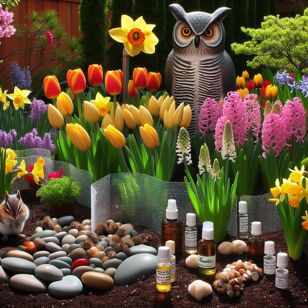 A vibrant bulb garden thriving in the peak of spring, a miscellany of tulips, daffodils, and hyacinths unfurling their petals to the warm sunlight. Nearby, small invisible fencing encircles the garden, and various non-lethal chipmunk deterrents are subtly placed. A silent owl decoy perches on a nearby tree, its wide eyes sternly surveying the scene. Essential oils soaked cotton balls are carefully tucked near the plants. To further protect the garden, a layer of gravel graces the soil's surface, forming a crunchy barrier chipmunks may not fancy.