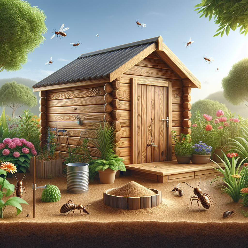 An image illustrating the concept of deterring termites from a wooden garden structure. The scene includes a wooden garden shed with detailed wood grain, surrounded by thriving plants and flowers. Nearby, there are some termite deterrents placed strategically, such as sand barriers and non-wood items, but no harmful pesticides. The environment is serene and calm with a clear sky overhead. There are no people, text, brand names or logos in this image.