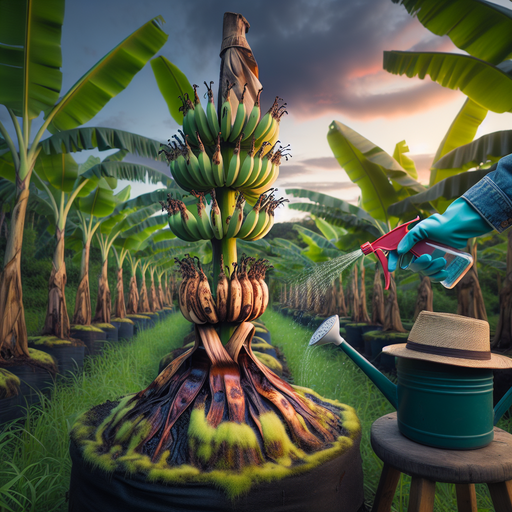An image showing a hands-on scene in a lush green tropical banana plantation where clusters of banana plants are being treated for Crown Rot disease. Visualize the base of the plants having distress signs of the disease, with a brown rot setting in. Also, show a watering can nearby filled with a natural fungicide blend. Add in the setting a pair of protective gloves, and a farmer's hat on a stool. The sky could be of a soft twilight hue, casting warm highlights and contrasting shadows on the plantation.
