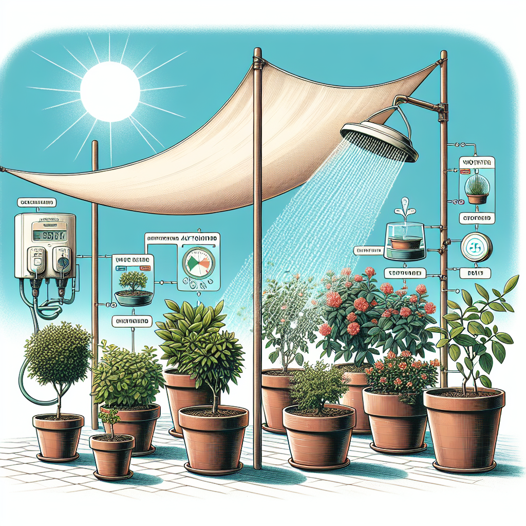 A detailed illustration showcasing various methods to protect container plants from overheating. On one side, a group of small potted plants is shaded by a light colored cloth canopy. Adjacent to this, there's an automated water sprinkler system gently showering water on other potted plants. To the far right, a terracotta pot featuring a self-watering system is also depicted. The background features a clear blue sky with the harsh midday sun shinning trying to reach the plants, demonstrating the heat intensity. No people, text, brand names or logos are included in the scene.