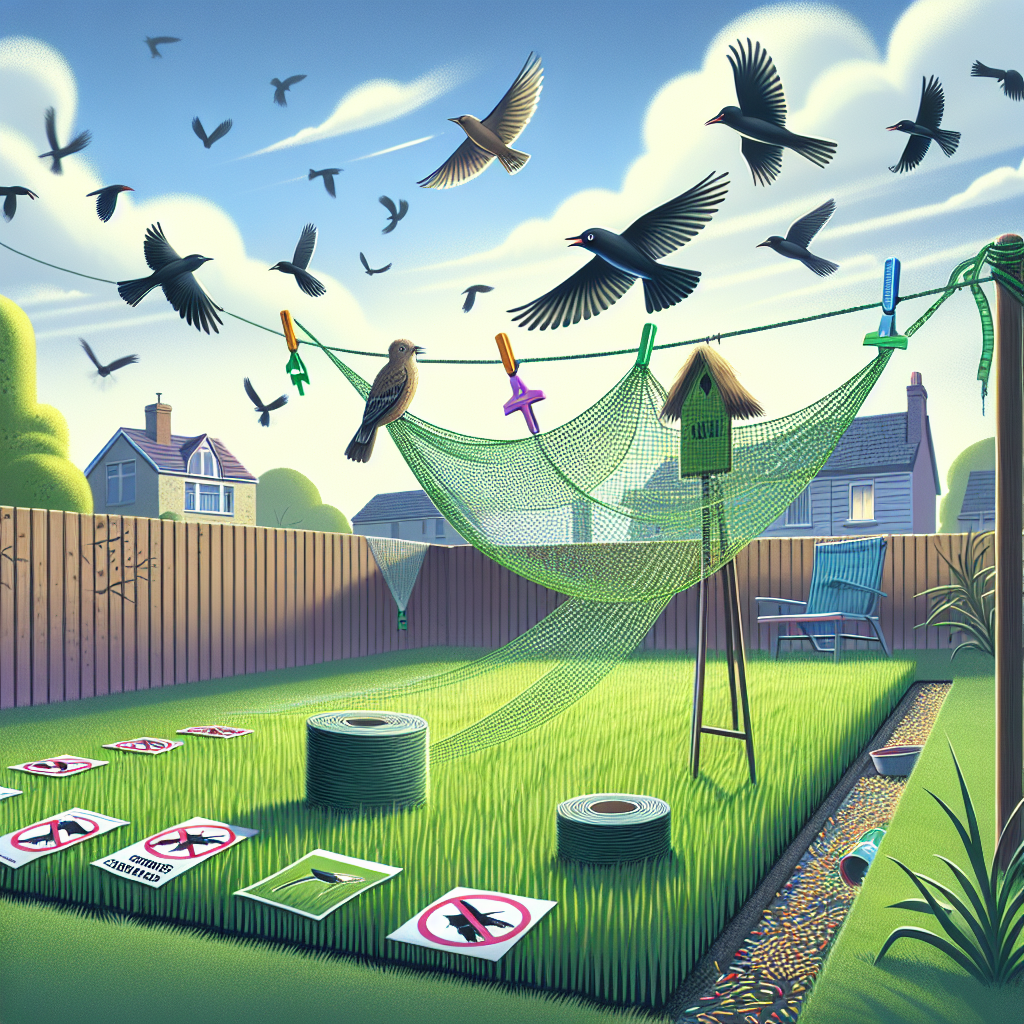 Illustrate a scene demonstrating methods to prevent birds from eating grass seed. Include imagery of bird deterrents such as reflective tapes, scarecrows, and netting spread over freshly sown lawn, without depicting any brand-specific details. Show a verdant lawn with undisturbed grass seeds while birds are hovering in the sky, held back by these deterrents. Create an atmosphere of a suburban backyard with birds flying away, but do not include any human figures or text in the image.