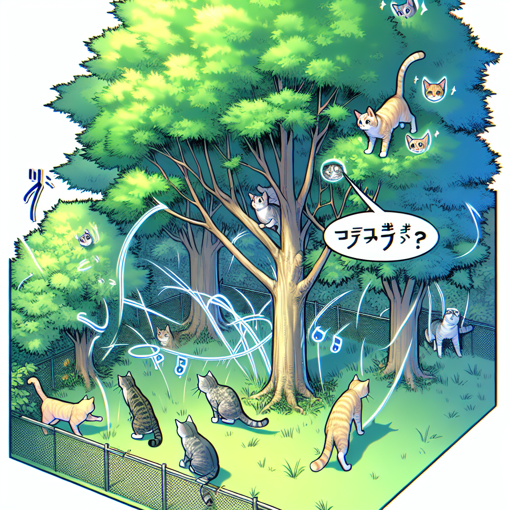 An outdoor scene focusing on a variety of trees and cats. The cats are shown expressing interest in the trees, yet some invisible barrier or deterrent seems to prevent them from climbing. Perhaps there are sounds like bird chirps, rustling leaves, or even gentle hisses that appear to be emitted from the trees that catch the cats' curiosity but also make them cautious. The image should capture the interesting dynamic between the cats' natural curiosity and the deterrent that prevents them from climbing. All the elements in the image should be generic without any brand names or logos and no people should be present.