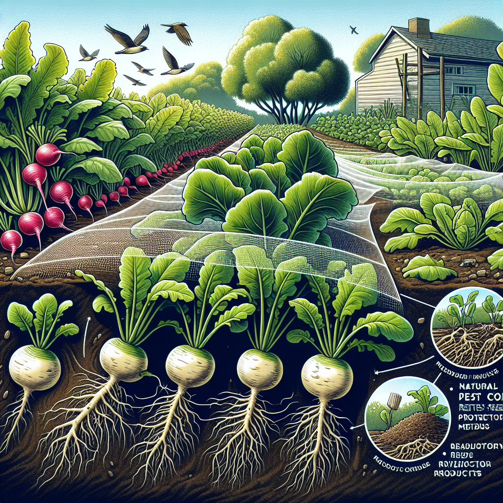 An image portraying activities that prevent root maggots in turnips and radishes. Focus on a detailed garden scene, ample with both turnips and radishes showing healthy, intact roots. Adjacent to the flourishing vegetables, show half-buried netted coverings that imply pest protection methods. Zone in on natural pest control methods like, predatory insects, and birds eyeing the crops eagerly. A compost pile at a distance indicates organic gardening practices. Ensure no text, people, brand names or logos present in the visual depiction.
