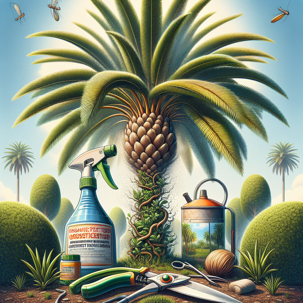 A visual depiction of a healthy, verdant palm tree standing tall. Various gardening tools such as a spray canister filled with organic pesticide/antifungal solution contrary to bud rot, and a pair of clean, sharp pruning shears are tactically positioned around the base of the tree. The background portrays a bright sunny sky, indicating perfect conditions for palm trees growth. Details show the care interventions being taken, like the trimmed fronds and a close-up of a casting of diluted sulfur dust being applied on the tree. No people, no textual indicators, and no branding are visible anywhere in the scene.